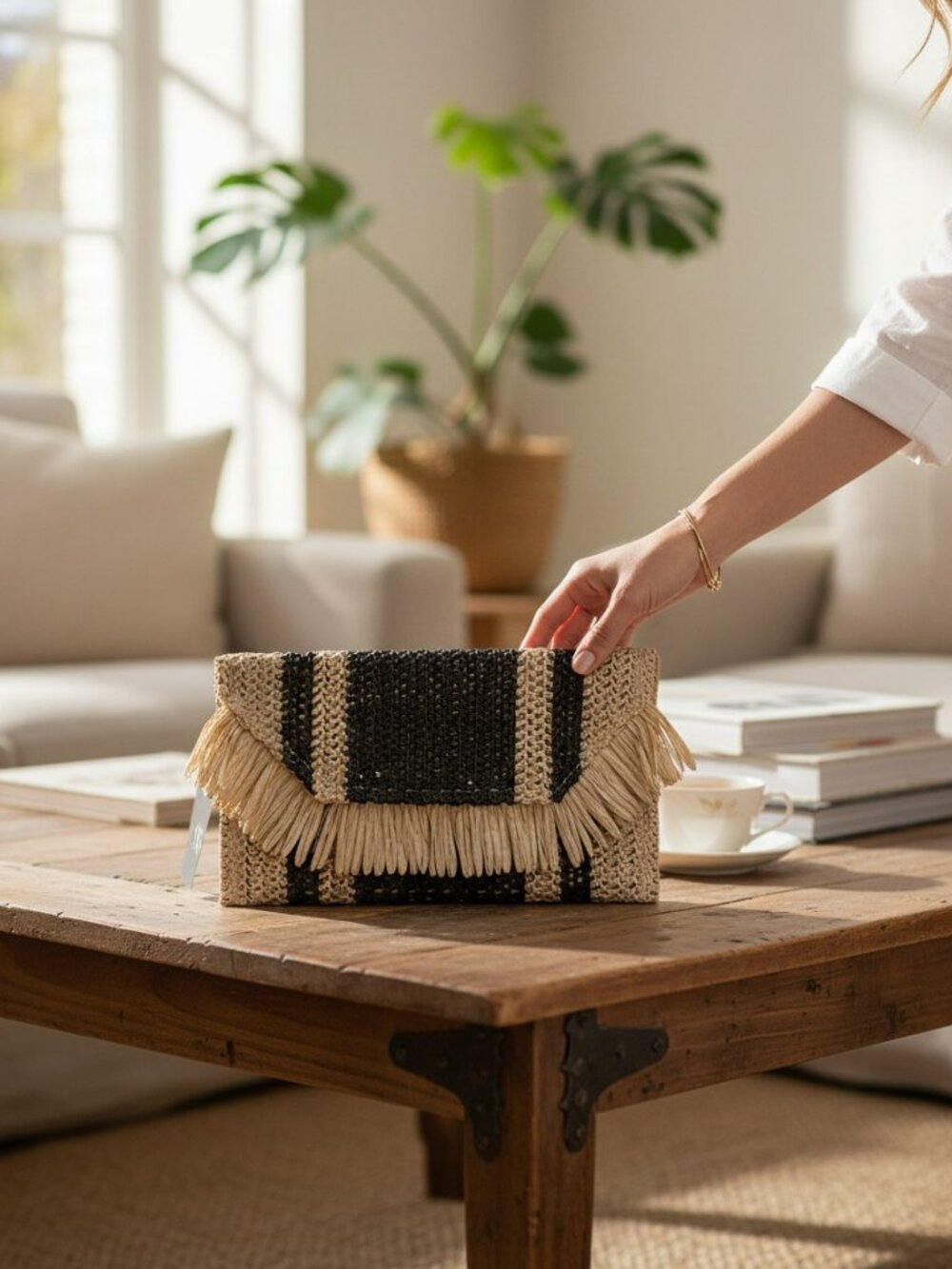 ACT Beauty Summer Straw Tan and Black Clutch Handbag with Fringe  NWT